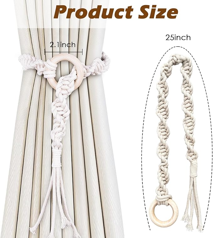 SRG Handmade Boho Curtain Tiebacks Hand Knitting Cotton Curtain Holdbacks with Adjustable Natural Wooden Rings Accessories Wall Decoration for Home Office