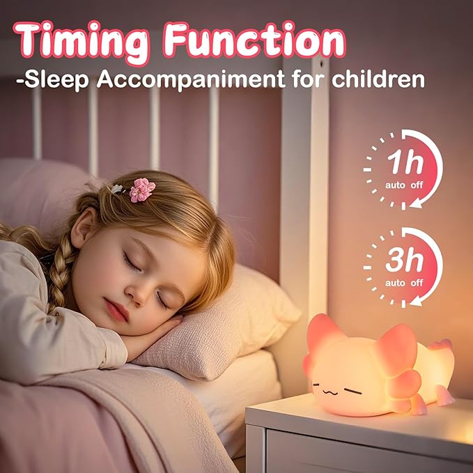 ZKLiLi Night Light for Kids Cute Axolotl Lamp,16 Colors+Tap+Remote+Silicone Night Light Gifts for Kids,USB Rechargeable Axolotl Night Lights for Room Decoration