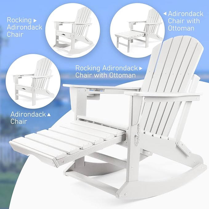 FUNBERRY Adirondack Rocking Chair, Multifunctional 4-in-1 Porch Rocker with Retractable Ottoman & Cup Holder HDPE All Weather