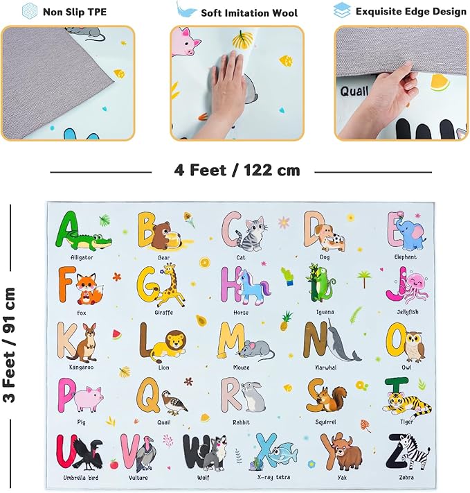 Kids Rugs for Playroom, 3x4 Feet Educational Rug for Learn The ABC Alphabet, Soft Machine Washable Non-Slip Cute Cartoon Animals Carpet for Classroom Toddler Nursery Kids Room Decor, Blue