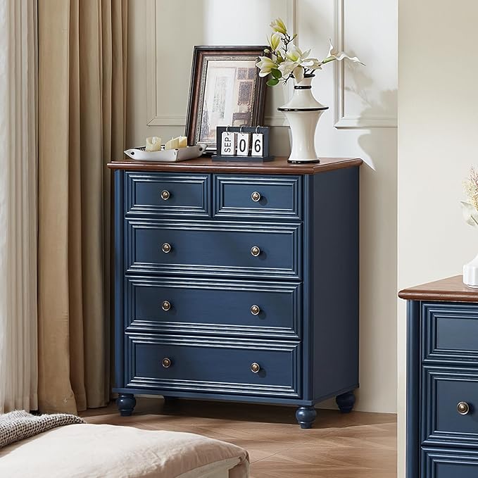 Farmhouse 5 Drawer Dresser Set of 2, Blue Rustic Chest of Drawers, 35.5" Tall Small Dressers for Bedroom with Roman Column and Metal Handles,Wood Storage Organizer for Living Room,Hallway,Closet