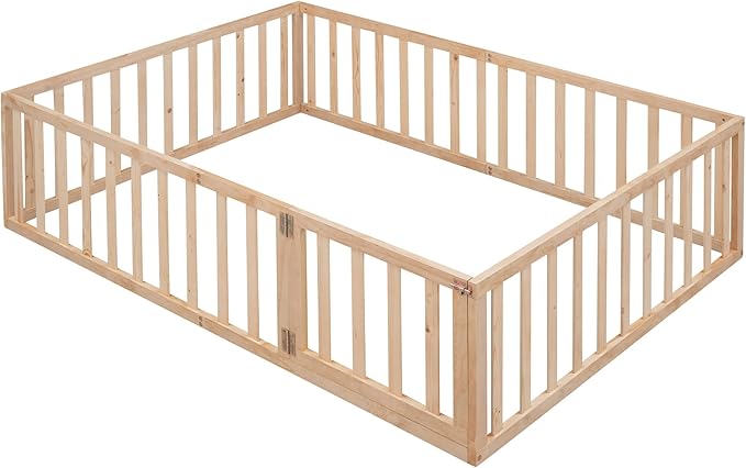 Merax Full Floor Bed with Safety Guardrails and Door, Wood Montessori Floor Bed Frame for Kids, Full Playhouse Bed Frame for Baby Girls and Boys, Natural