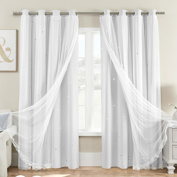 XiDi White Curtains for Girls Nursery Room 90 Inches Long Blackout Double Layer Curtains with Sheer Overlay for Kids Toddler Princess Bedroom Living Room Darkening Grommet Window Drapes W52 X L90