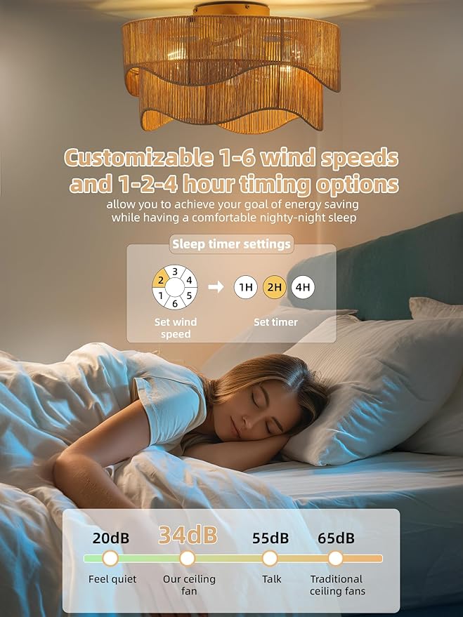 Flush Mount Ceiling Fan with Lights, 20" Low Profile Boho Ceiling Fan with Light Remote Control, Caged Rattan with 6 Speeds for Bedroom, Nursery, Living Room