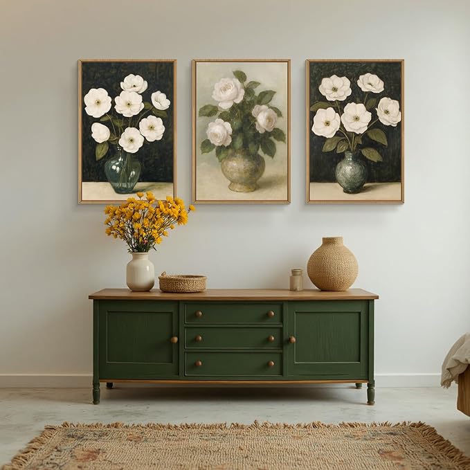 FWIEXA Vintage Floral Canvas Wall Art Set of 3, Framed French Country Pictures Wall Decor, Retro Botanical Painting, 16x24 Inches Rustic Black White Flower Aesthetic Prints Artwork for Living Room, Bedroom, Bathroom, Farmhouse