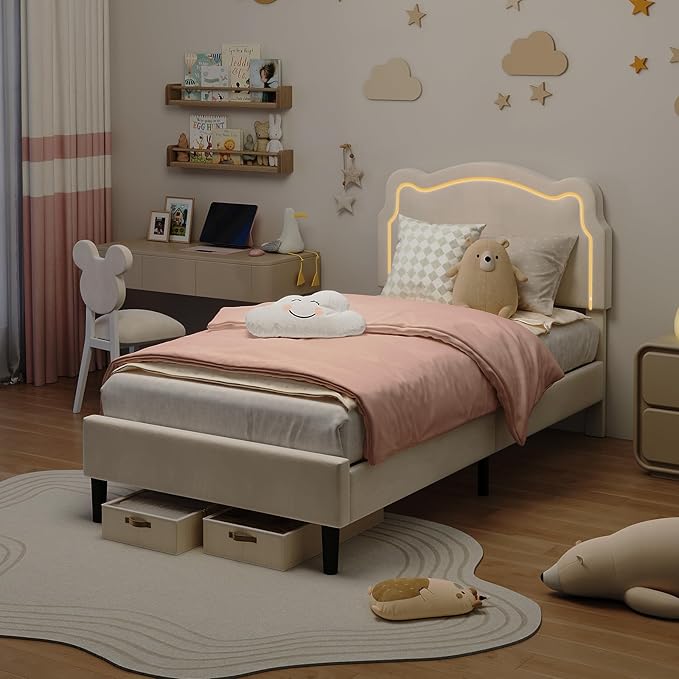 GarveeHome Twin Upholstered LED Bed Frame with Headboard, Velvet Princess Platform Bed Frame for Kids, Wooden Slats Support, No Box Spring Needed (Beige, Twin)