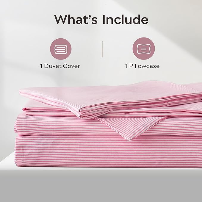 JELLYMONI 100% Natural Cotton 2pcs Striped Duvet Cover Sets,White with Pink Stripes Pattern Printed Comforter Cover,with Zipper Closure & Corner Ties(Twin Size)