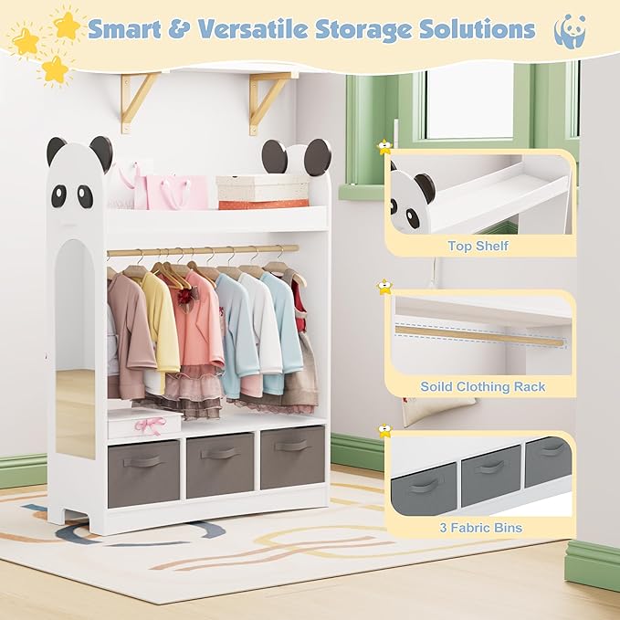 Kids Dress Up Storage Rack Mirror Wood Child Wardrobe 2 Hooks 2 Fabric Bins Toddler Closet Girls Boys Open Hanging Armoire Storage Shelf Coat Costume Hat Shoe (White/Panda/Three Drawers)