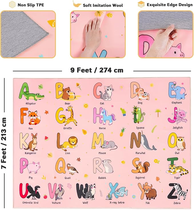 Kids Rugs for Playroom, 7x9 Feet Educational Rug for Learn The ABC Alphabet, Soft Machine Washable Non-Slip Cute Cartoon Animals Carpet for Classroom Toddler Nursery Kids Room Decor, Pink