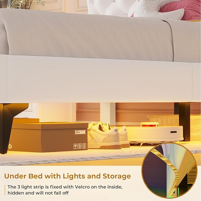 ADORNEVE Twin Bed Frame with RGB LED Lights, Princess Bed Frame with Adjustable Crystal Button Headboard, Velvet Upholstered Platform Bed for Girls, Solid Wooden Slats, Easy Assembly, Creamy White