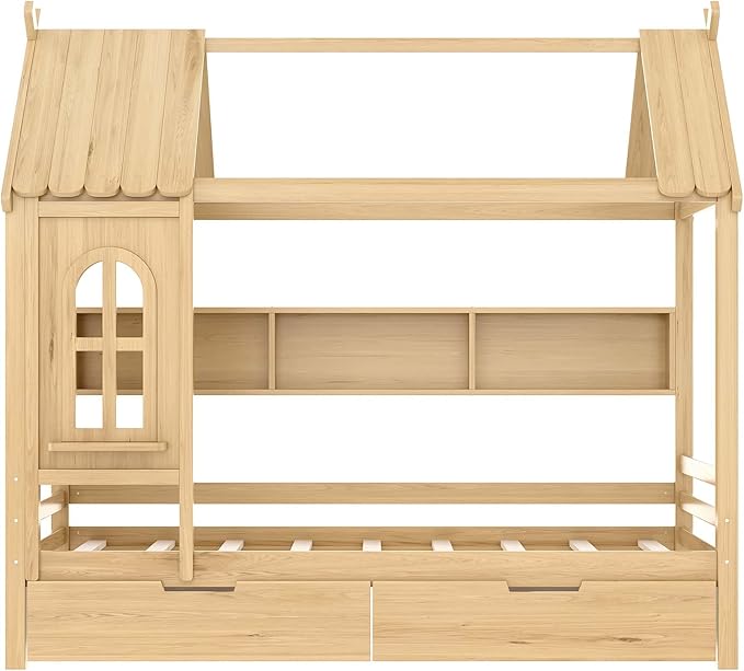 MERITLINE Twin Size House Bed with Storage Drawers & Window, Solid Wood Platform Bed Frame with Shelves, No Spring Box Needed, Childlike Design for Kids, Girls, Boys, Natural