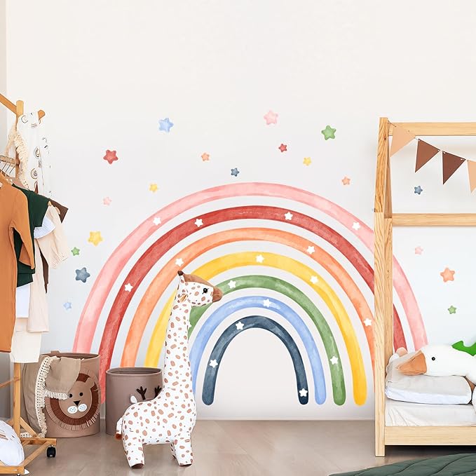 Tanlaby 77" X 47" Large Rainbow Wall Stickers Watercolor Stars Wall Decals Peel and Stick Giant Art Decor for Baby Nursery Girls Bedroom Kids Playroom Daycare Classroom