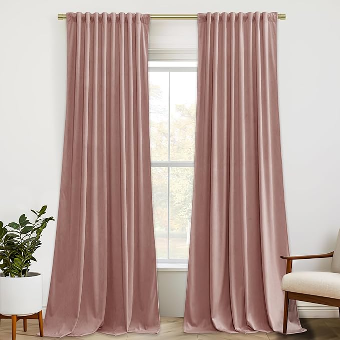 StangH Dusty Pink Velvet Curtains 132 inches Long Nursery Home Decor High Ceiling Tall Curtains Back Tab Thermal Insulated Window Drapes for Living Room Office, W52 x L132, 2 Panels