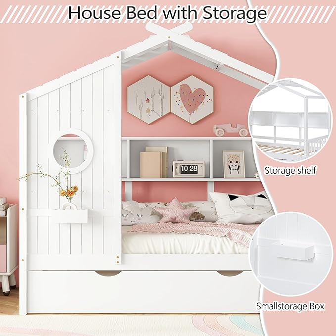 Harper & Bright Designs Twin House Daybed with Trundle & Storage Shelf, Twin Montessori Bed with Roof for Boys, Girls, Wooden Platform Bed Frame for Kids, White