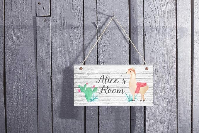 XIUXZMM Customized Alpacas and Cactus Sign, Beige Llama and Cacti Sign, Personalized Kid's Name Kids Door Sign, Animal Nursery Art Decorative Door Signs