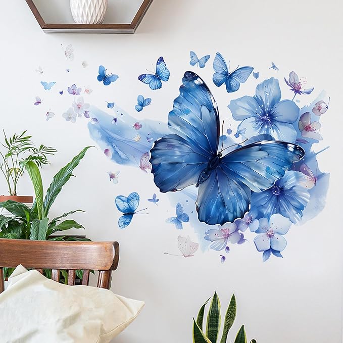 Blue Butterfly Wall Decals Removable Butterfly Flower Wall Stickers Peel and Stick Butterflies Wall Decor Stickers for Kids Girls Bedroom Nursery Bathroom Decorations MK3155