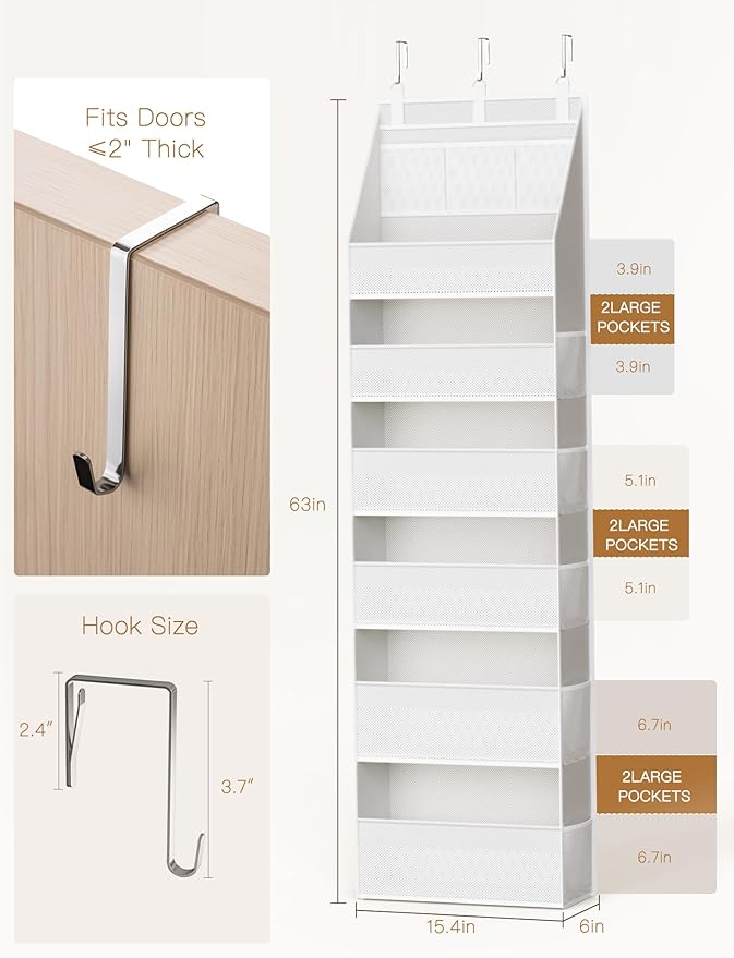 Criusia Over The Door Organizer, Heavy-Duty 6-Shelf Hanging Storage with 13 Mesh Pockets, 55lbs Capacity Behind The Door Storage for Nursery, Bathroom, Bedroom, and Dorm, White