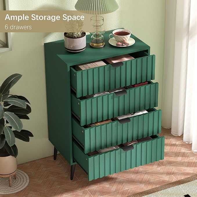 Fluted Dresser for Bedroom with 4 Drawers, 24'' Wide Modern Dresser with Metal Handle, Wood Dressers Organizer with Blister Drawers for Bedroom, Green