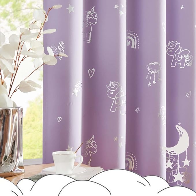 jinchan Purple Blackout Unicorn Curtains for Girls Kids Room Thermal Insulated Room Darkening Rainbow Curtains for Girls Bedroom Silver Foil Printed Grommet 84 Inches Long Purple Lilac 2 Panels