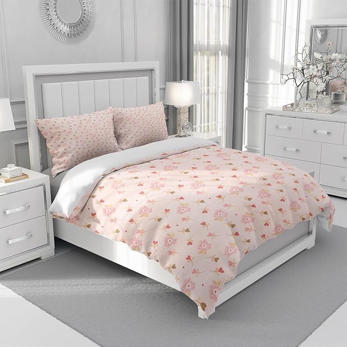 Pink and White Duvet Cover Twin Size - 3 Pcs Floral Flower Leaf Pattern Printed Reversible Microfiber Comforter Cover Bedding Set - 68X86 Soft Aesthetic Cottage Preppy Bedroom Decor for Women Girls