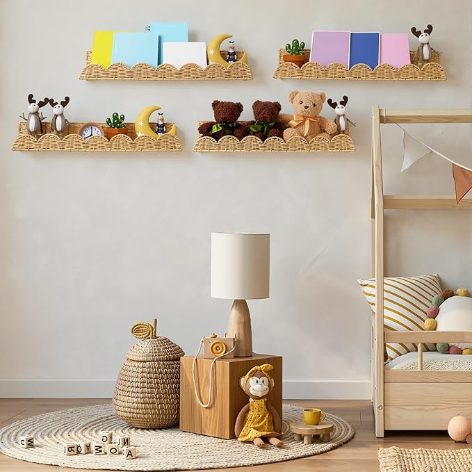 Pinkunn 4 Pcs Nursery Book Shelves 23.6 Inch Rattan Scalloped Floating Bookshelves Wicker Boho Book Shelf for Wall Mounted Decor Nursery Rooms Hanging