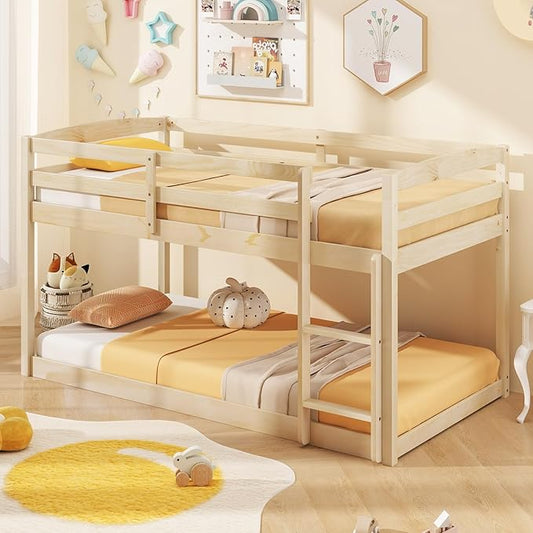 KOMFOTT Low Bunk Bed Twin Over Twin, Solid Wood Twin Bed Frame with Built-in Ladder & Safety Guardrails, Space-Saving Low Bunk Bed for Kids, Teens, No Box Spring Needed