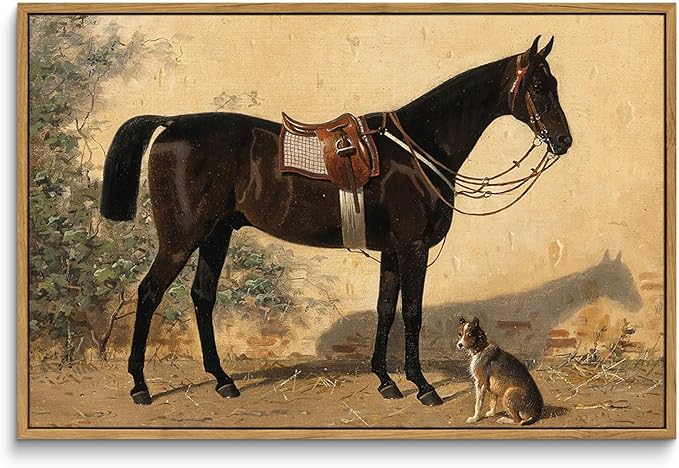 ARPEOTCY Framed Canvas Horse Wall Art, Classical Horse and Dog Art Print for Home Decor, Large Rustic Farmhouse Country Wall Decor for Living Room, Bedroom, Bathroom, Office, 16x24 inch