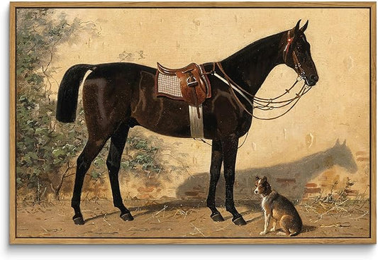 ARPEOTCY Framed Canvas Horse Wall Art, Classical Horse and Dog Art Print for Home Decor, Large Rustic Farmhouse Country Wall Decor for Living Room, Bedroom, Bathroom, Office, 16x24 inch