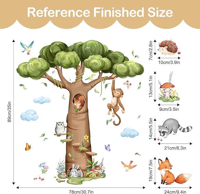 Tanlaby Woodland Animal Tree Wall Decals Rabbit Fox Monkey Baobab Tree Wall Stickers Peel and Stick Art Decor for Baby Nursery Kids Bedroom Toddler Room Decor