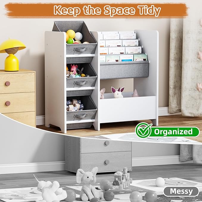 Kids Bookshelf and Toy Storage Organizer, Wooden Montessori Bookcase with Fabric Bins for Toddler, Small Room and Playroom Book Shelf for Reading Nook and Bedroom, White