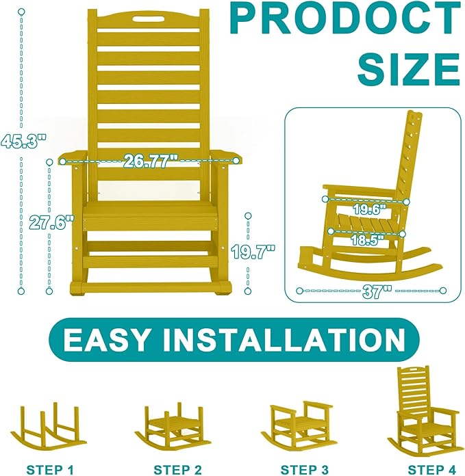 Outdoor Rocking Chair Set of 6 with Removable Footboard for Adults, HDPE High Back Patio Rocking Chairs, 330lbs All Weather Porch Rocking Chairs for Outdoor & Indoor -Yellow