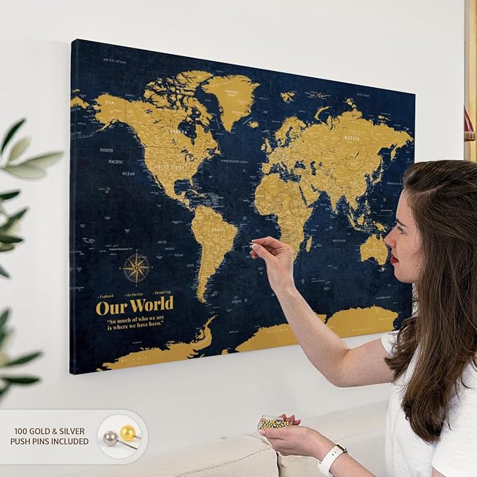 ElephantStock - Personalized Push Pin World Map - Gold Wall Art - Horizontal Canvas Wall Art - Living Room Wall Decor - Digital Art Map Canvas Art - Orange And Blue Decor - 39" x 26"