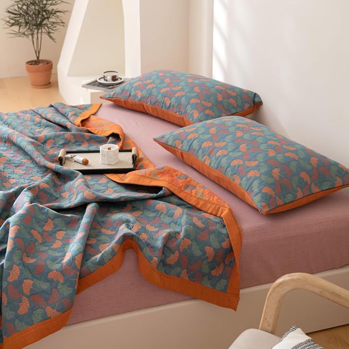100% Cotton Muslin Blanket Jacquard Floral Ginkgo Leaves Quilt, Soft Bed Cover 3 Layers Reversible Bedspread Coverlet Breathable Lightweight Bedding Full/Queen(78"x94"), No Pillow Sham