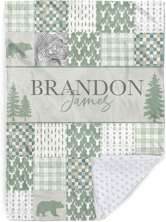 Personalized Rustic Woodland Baby Blanket - Custom Name Bear & Deer Design, Soft Blanket with Double Layer Dotted Backing for Infants Toddlers, Ideal Nursery Decor (47" x60)