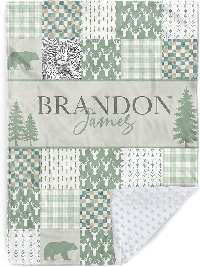 Personalized Rustic Woodland Baby Blanket - Custom Name Bear & Deer Design, Soft Blanket with Double Layer Dotted Backing for Infants Toddlers, Ideal Nursery Decor (60" x80)