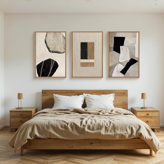 FWIEXA Modern Abstract Wall Art Set of 3, Black White Framed Paintings for Living Room, Neutral Beige Pictures Wall Decor, 16x24 Inch Minimalist Prints for Bedroom, Bathroom, Hallway, Office