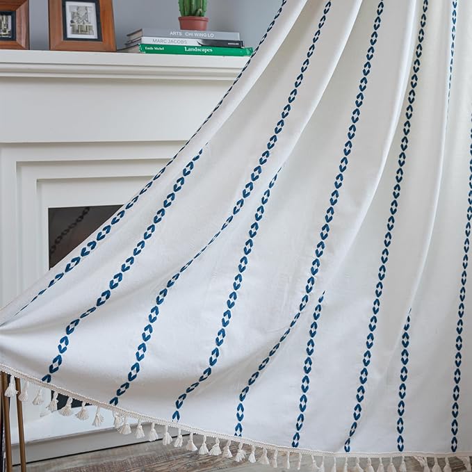 Deeprove Navy Blue Boho Curtain 84 inches Long for Bedroom, Vintage Bohemian Embroidery Farmhouse Cotton Royal Blue Striped Linen Country Tassel Window Treatments Decor, W52 x L84, 1 Panel
