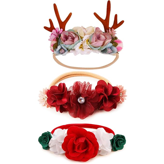 Baby Girl Floral Headband Nylon Flower Crown Elastic Hairband 3pcs Hair Accessories Gift for Girls (shengdan-2)