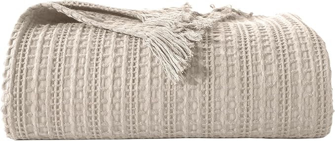 100% Cotton Waffle Blanket with Fringe, Pre-Washed Waffle Weave Blanket for All Season, Lightweight Breathable Soft Cozy Throw Blanket for Couch, Bed, Travel (Beige - 66x90 Inches)