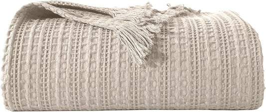 100% Cotton Waffle Blanket with Fringe, Pre-Washed Waffle Weave Blanket for All Season, Lightweight Breathable Soft Cozy Throw Blanket for Couch, Bed, Travel (Beige - 50x60 Inches)