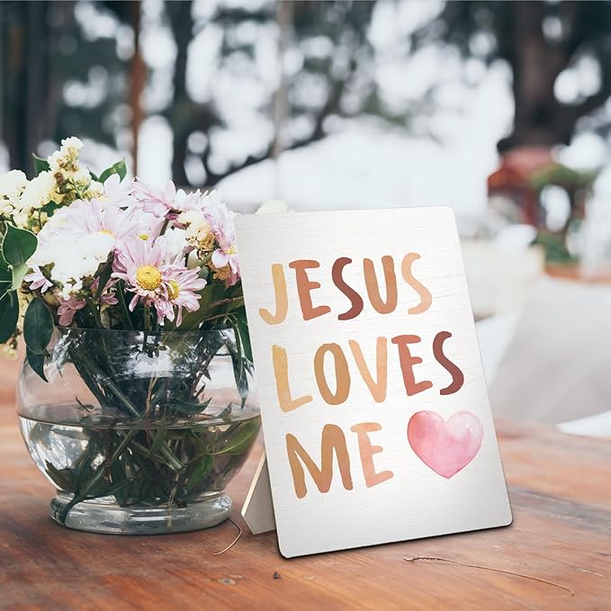 Baby Girl Boy Nursery Decor, Jesus Loves Me Boho Christian Nursery Wooden Stand Sign 5x7 Inch, Religious Bible Verse Decorations Signs for Toddler Girls Boys Room Desk Table Decor