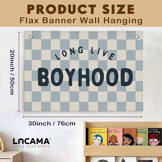 Lacama Blue Long Live Boyhood Boys Room Decor, Boy Nursery Decor, Linen Banner Wall Hanging Canvas Banner Flag Decor for Toddler Boy Room Nursery 30x20 In