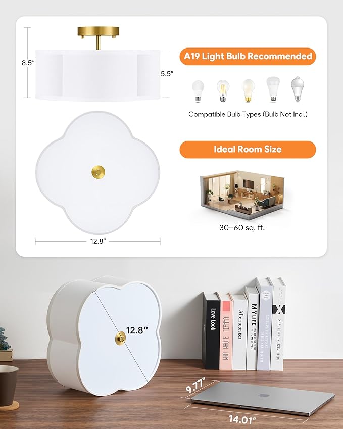 VONLUCE Semi Flush Mount Ceiling Light, 12.8" Ceiling Light Fixture with Four Leaf Clover-Shaped, 4-Light Modern Light Fixture for Bedroom Living Room Nursery Hallway, White Shade & Gold Finish