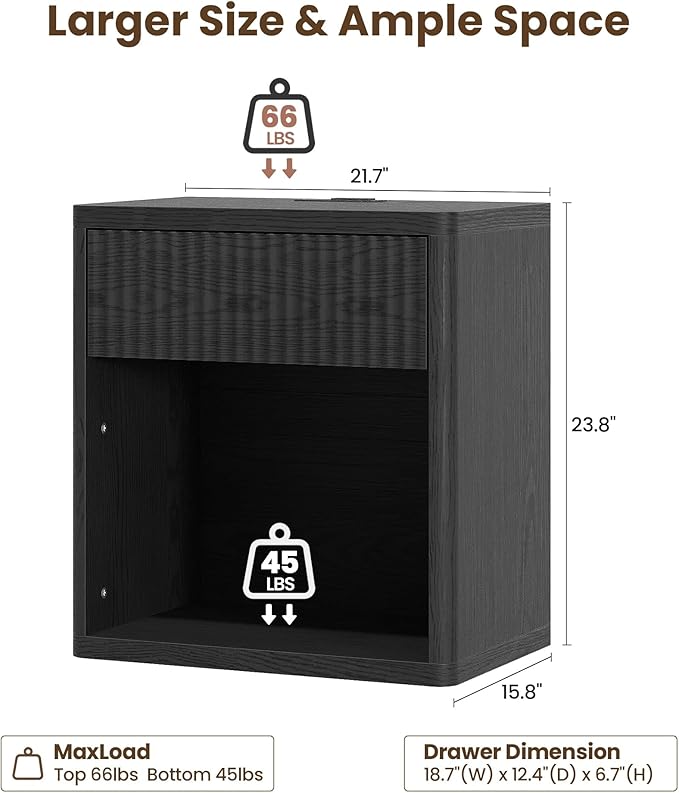 Fluted Nightstand Set of 2 with Charging Station, 21.7" Wide Modern Bedside Table with 1 Drawers Open Storage Cabinet, Wooden End Table for Bedroom,Black
