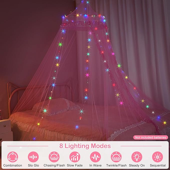 Beinou Bed Canopy for Girls with Timer Remote Canopy Bed with Lights Breathable Net Canopy for Bed Kids Girls Room Decor,Pink