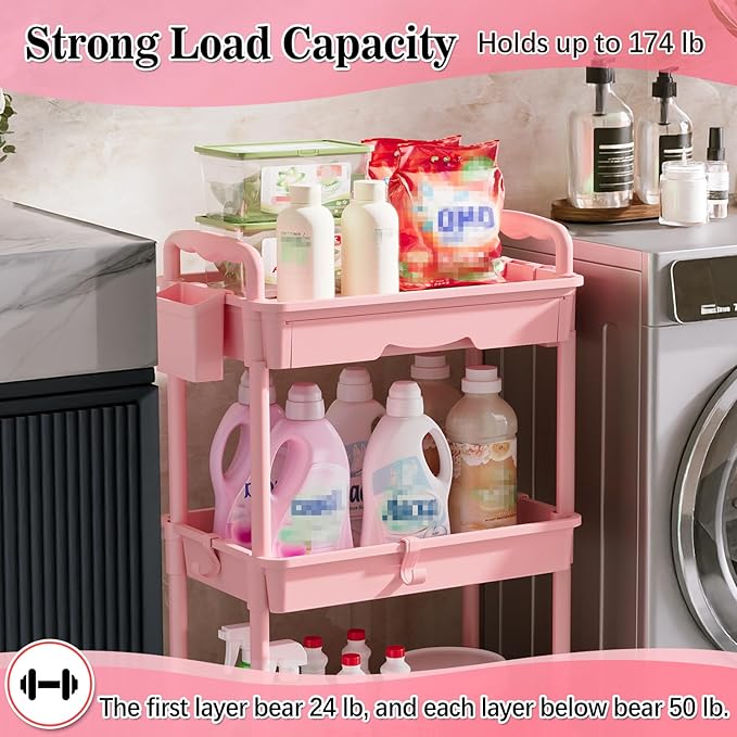 3 Tier Rolling Cart with Drawer, Bathroom Storage Organizer with 2 Lockable Wheels, Multifunctional Rolling Storage Cart for Bathroom, Kitchen, Office, Craft, Makeup, Baby Essentials, Pink
