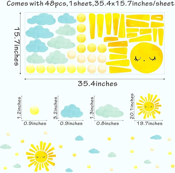 Watercolor Sun Cloud Wall Decals Large Sun and Clouds Wall Stickers Yellow Polka Dots Decal Peel and Stick Big Sun Wall Stickers for Kids Room Baby Nursery Bedroom Playroom Decor