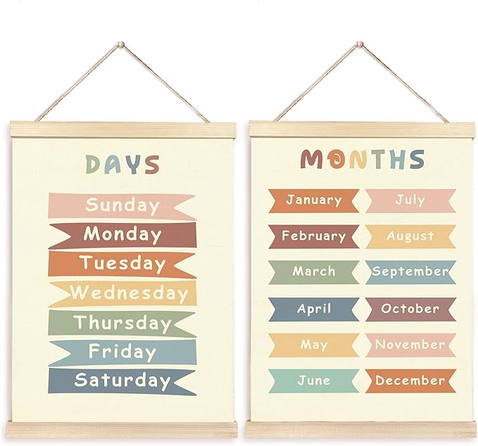 CGBHW Boho Educational Poster Hanger Frame Set of 2, Days of the Week Months of Year Learning Posters Wall Art Hanging Decor for Classroom Nursery Kids Room Playroom Preschool，12x16Inch