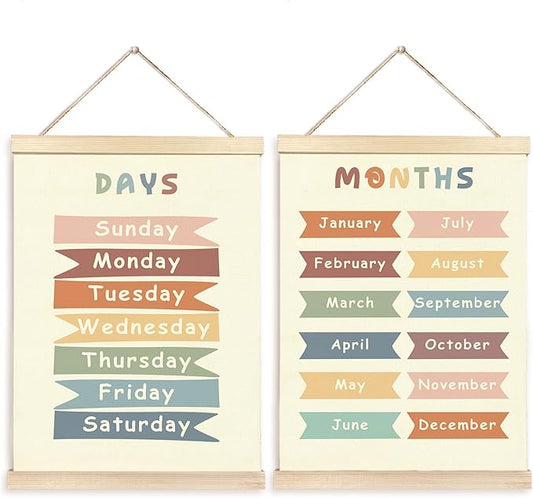 CGBHW Boho Educational Poster Hanger Frame Set of 2, Days of the Week Months of Year Learning Posters Wall Art Hanging Decor for Classroom Nursery Kids Room Playroom Preschool，12x16Inch
