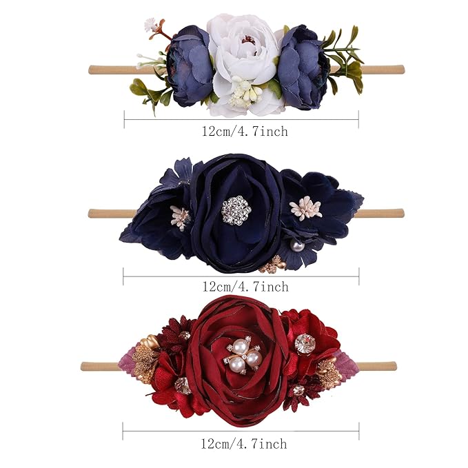Baby Girl Floral Headbands- 3pcs Nylon Headband Handmade Flower Crown Elastic Hairband Newborn Toddler Hair Accessories Gifts for Girls （1-6 years old）